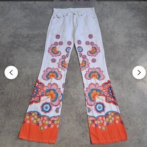 Diesel White Pants with Orange Accents Flared sz 26 linen blend Y2k low waisted